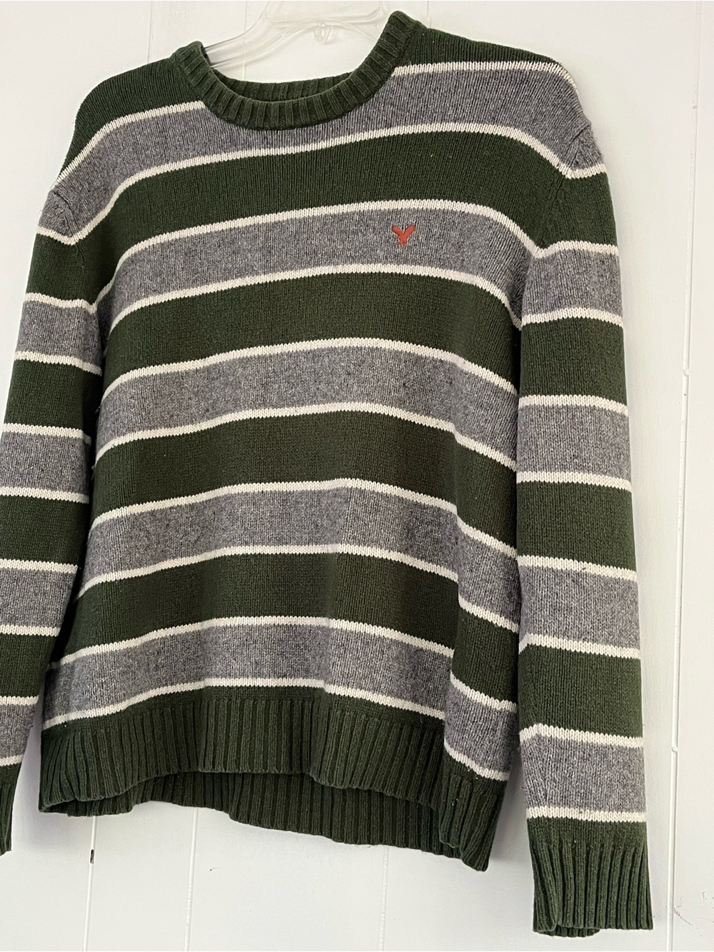 Y2K American Eagle Mens XL Green Gray Stripe Wool Blend Crewneck Sweater Vintage - Picture 3 of 12
